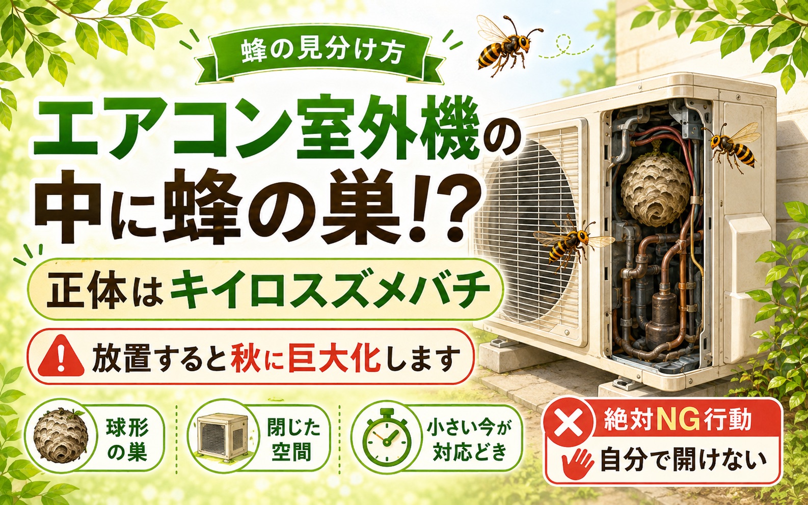エアコン室外機の中に蜂の巣!? 正体はキイロスズメバチ