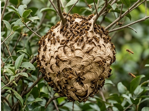 樹木に作られた球形のキイロスズメバチの巣