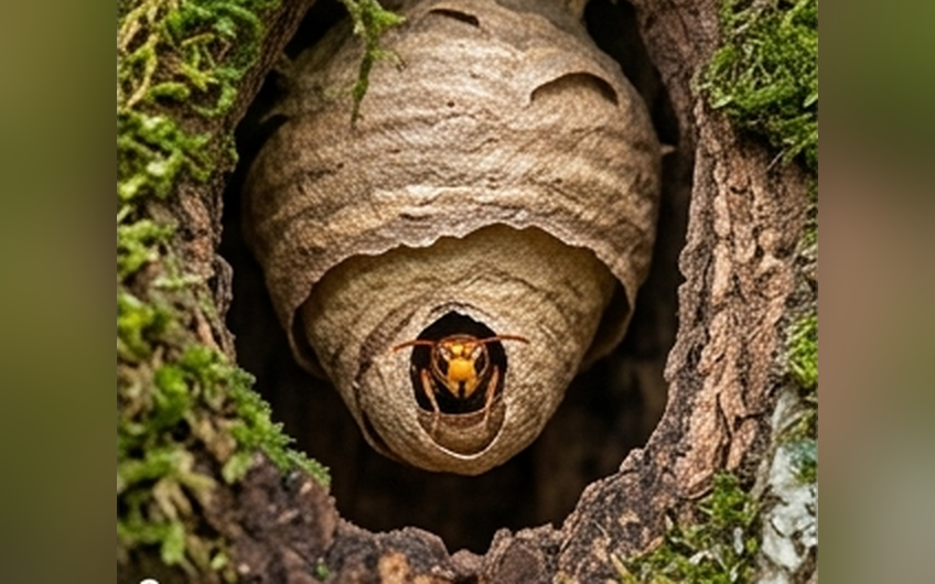 樹洞内に作られたコガタスズメバチの巣